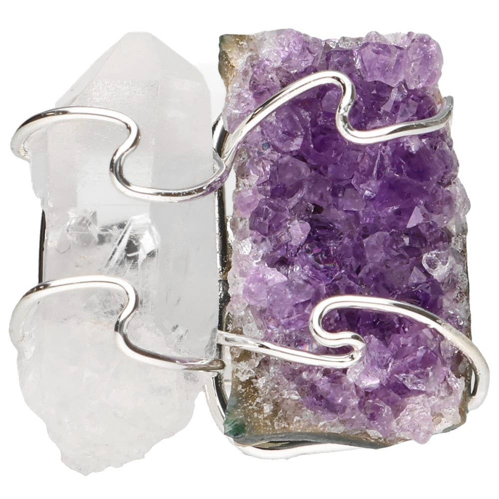 Bague druse d'améthyste et de quartz plaquée argent