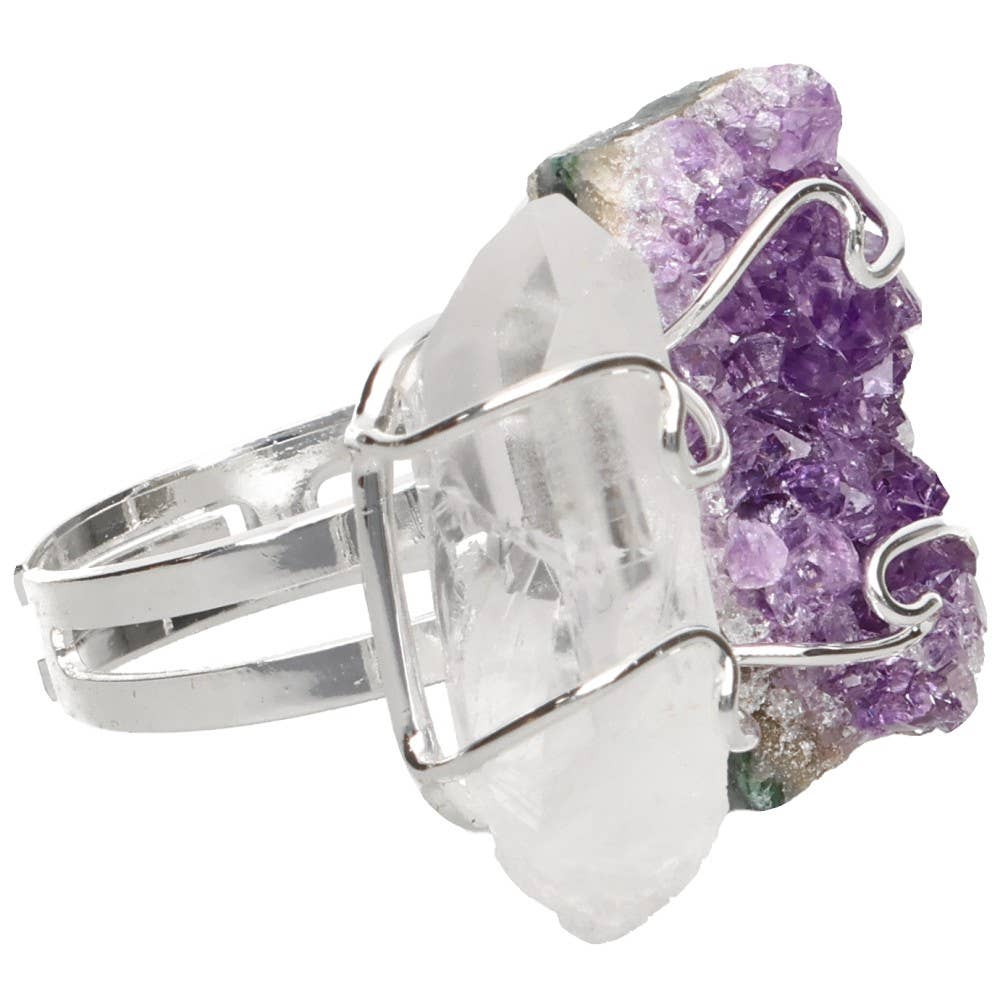 Bague druse d'améthyste et de quartz plaquée argent