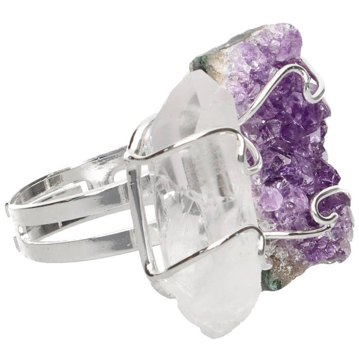 Bague druse d'améthyste et de quartz plaquée argent