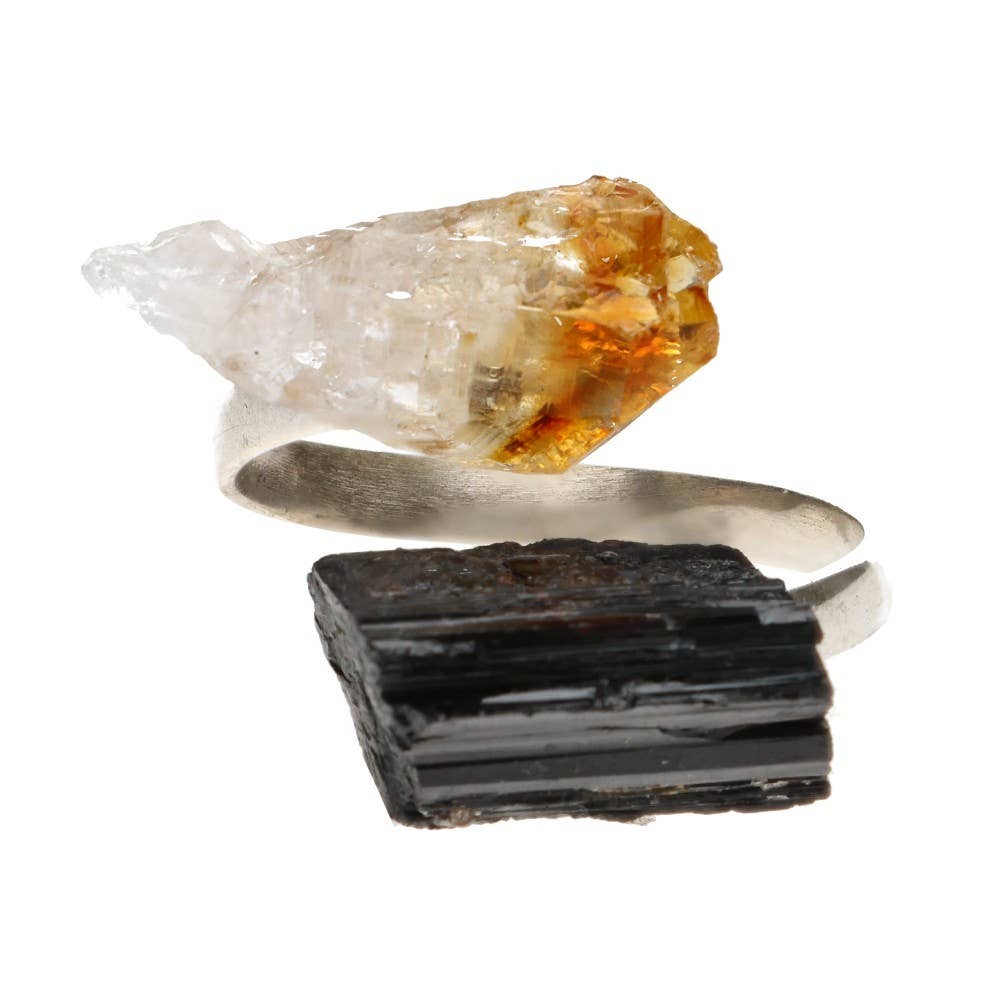 Bague en argent avec tourmaline et citrine brute