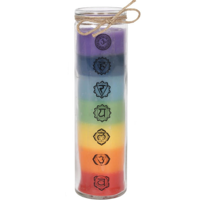 Grande bougie des 7 chakras en photophore de verre