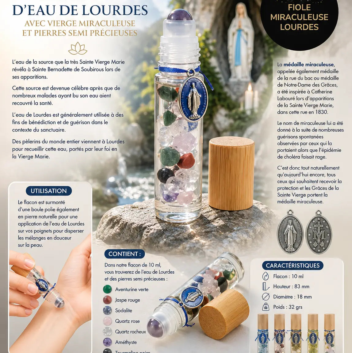 Fiole miraculeuse roll on avec pierre et eau de Lourdes